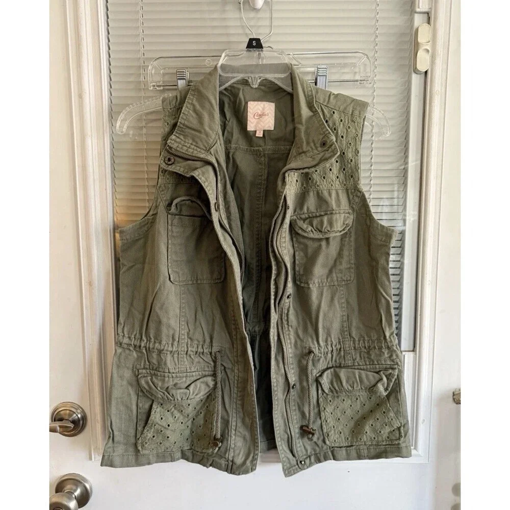 Candie's Vest Eyelet Safari Utility Cargo Green Lgtwt Drawstring Zip Snap Sz M